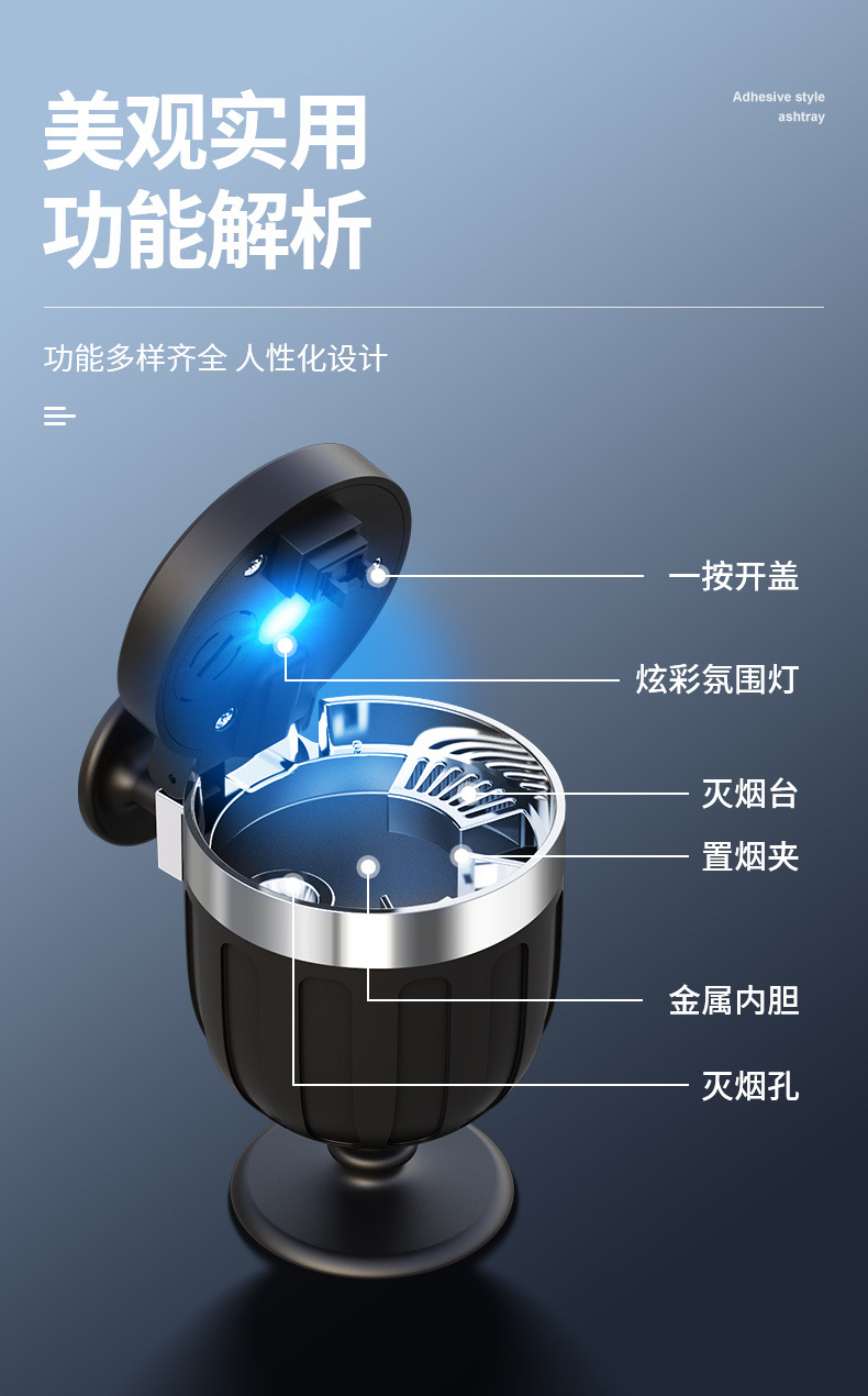New High-End Ashtray for Car Dashboard, Special Ashtray for Car Center Console, Creative Adhesive Ashtray with Light