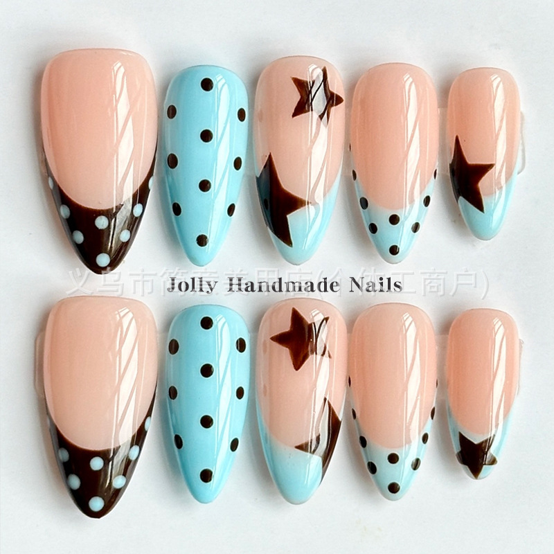 Cross-border bestseller in Europe and America: Polka dot autumn and winter coffee-colored French manicure, almond-shaped star polka dot handmade press-on nails wholesale Cross-border bestseller in Europe and America: Polka dot autumn and winter coffee-colored French manicure, almond-shaped star polka dot handmade press-on nails wholesale
