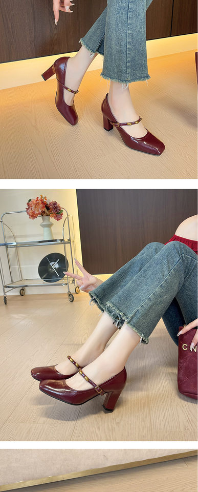 Giày cao gót nữ mũi vuông gót dày quai ngang thanh lịch đi làm, gót 6–8 cm — Màu trắng nhạt, rượu vang đỏ, đen chi tiết 10