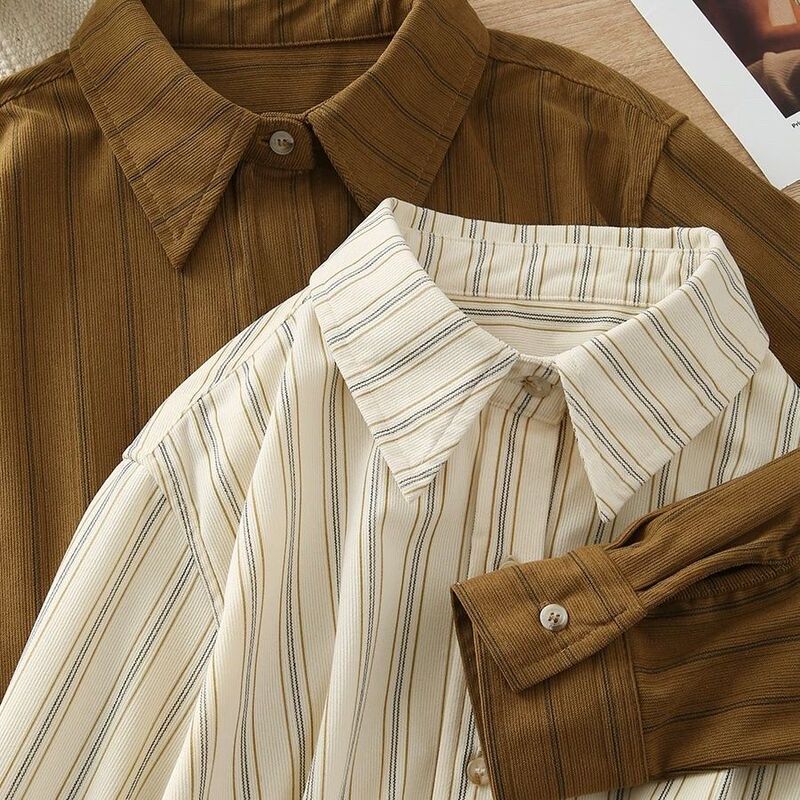 Retro Coffee-Colored Corduroy Vertical Striped Lapel Long-Sleeve Shirt for Women, New Autumn Style, Layered Wear with a High-End Feel, Inner Top