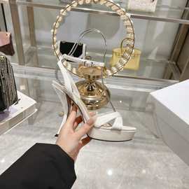 欧美跨境2025新款百搭高跟凉鞋细跟圆头性感露趾一字扣带大码女鞋