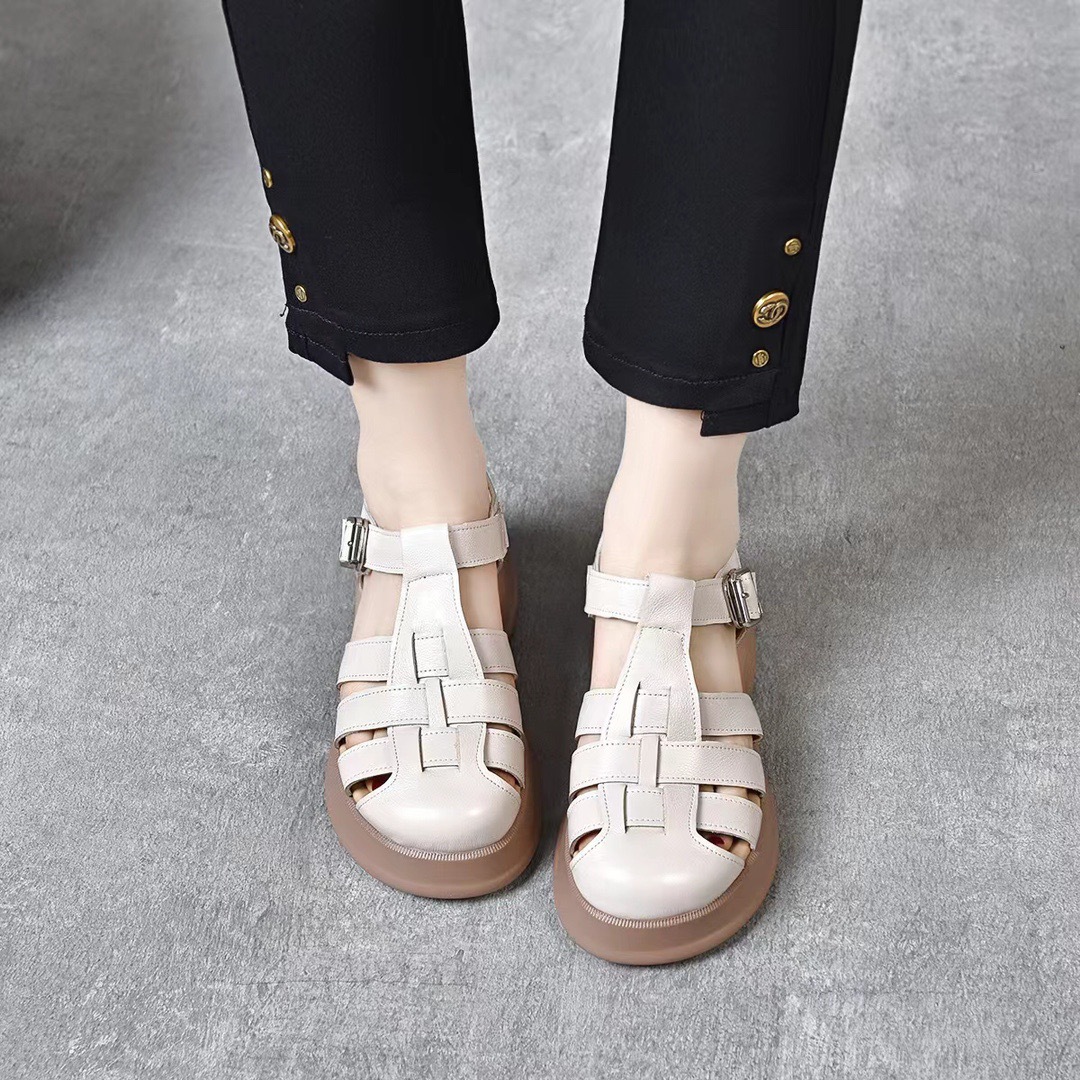 Sandal nữ đế dày da thật quai chữ V bọc mũi hở gót — Màu đen