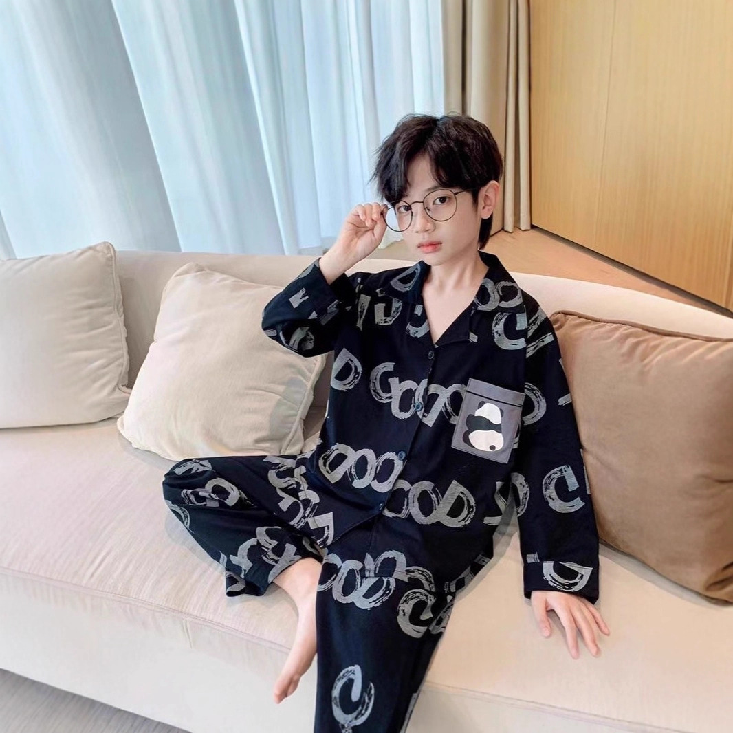 Boys' Long-Sleeved Home Clothes Suit Spring & Fall New Pajamas for Middle-Aged and Older Kidsren, Teenagers and Kidsren's Cotton Air-Conditioned Clothes for Outer Wear