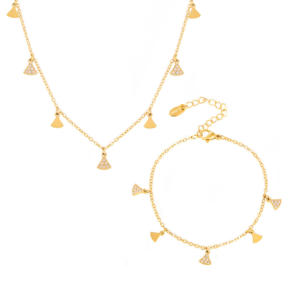 Minigonna geometrica con set di accessori multipli con zirconi intarsiati, collana, bracciale, acciaio al titanio placcato in oro vero, copricapo_voghion.com