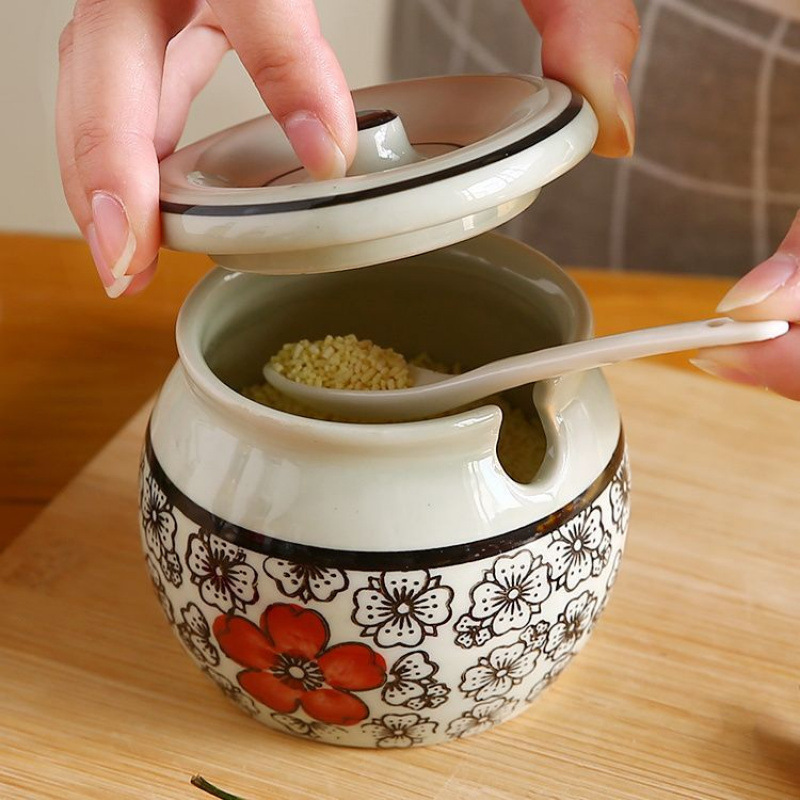 塩缶キッチン豚油缶唐辛子油缶家庭用耐高温陶磁器蓋付き缶食品級専用辛い子|undefined