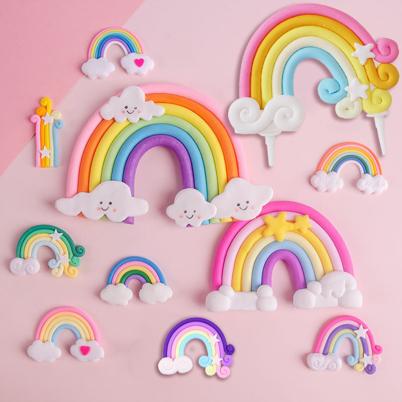 Soft Clay Stereo Rainbow Cake Decoration Ornaments Cute Candy Color Clouds Stars Birthday Baking Dessert Table Plug-In