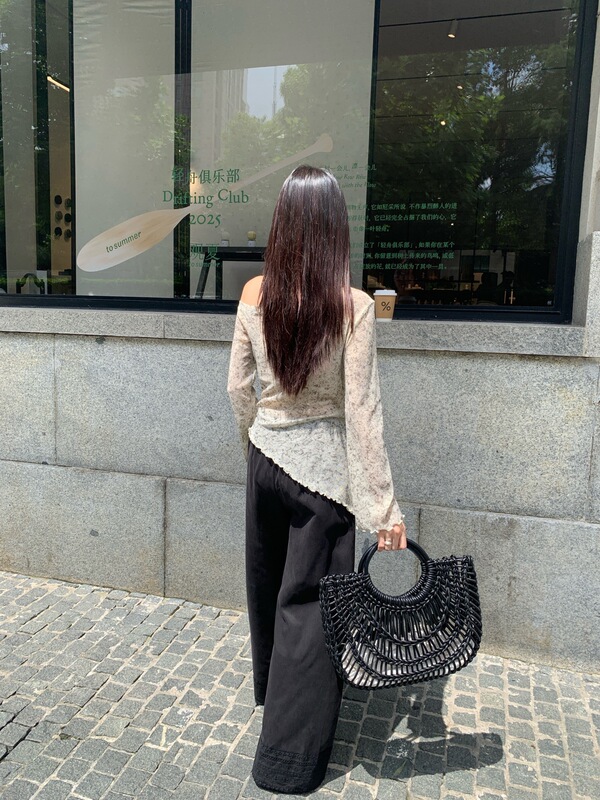 气质高级感不规则下摆晕染花朵斜领长袖针织衫上衣女|undefined