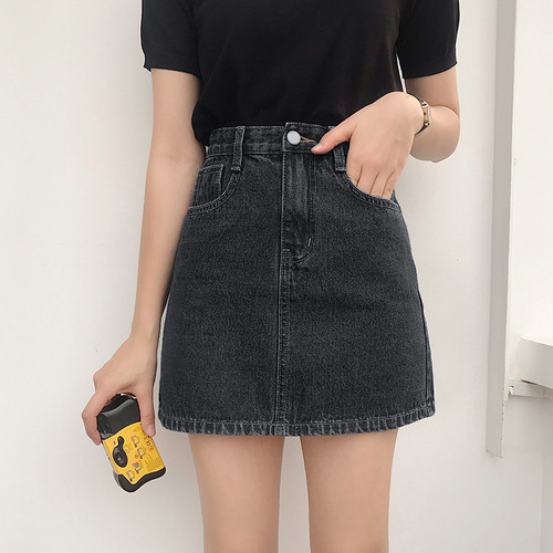 A petite-chic A-line denim skirt for summer, featuring a South Korean style, loose fit, high waist, and Instagram-inspired design for a trendy look.