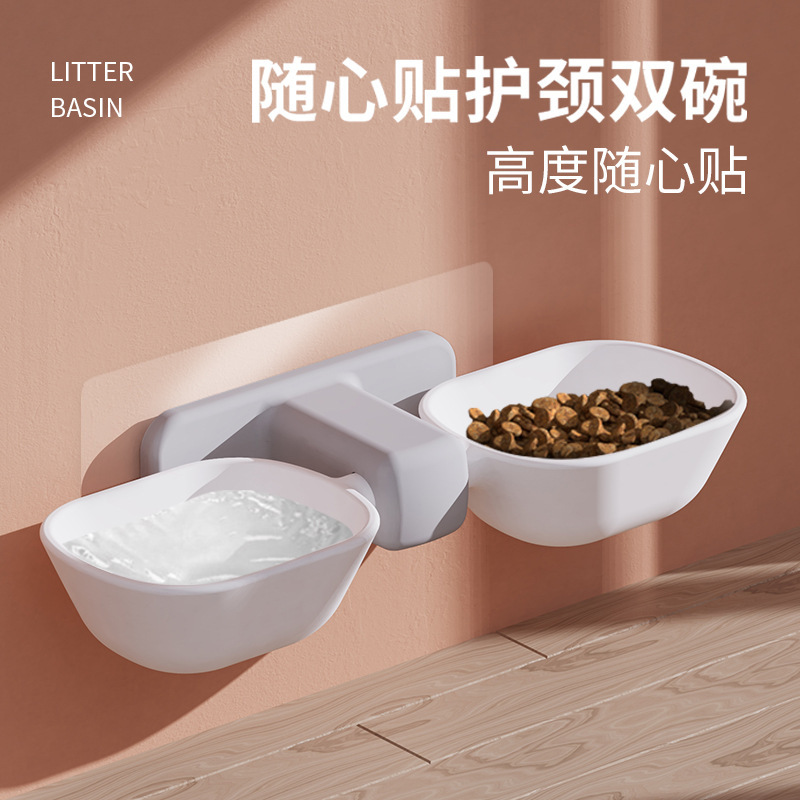 Punch-free montado en la pared de gato tazón antigolpes protección columna cervical gato tazón de comida gato mascota automático agua potable colgando doble Bowl