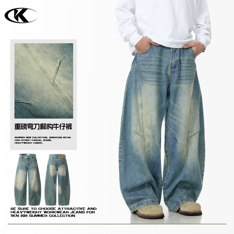 11Kn American Washed Blue Scimitar Jeans for Men and Women Deconstructed Retro Slim Silhouette Loose Wide-Leg Casual Pants