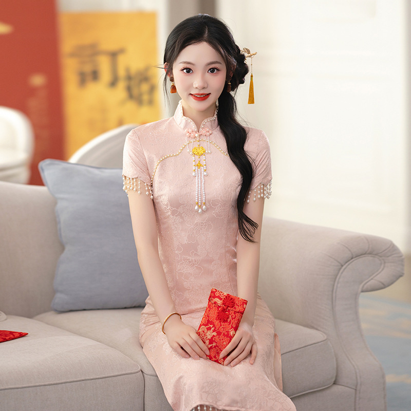 粉色立领新中式改良旗袍敬酒服小个子年轻款出阁嫁衣回门便装长款|undefined