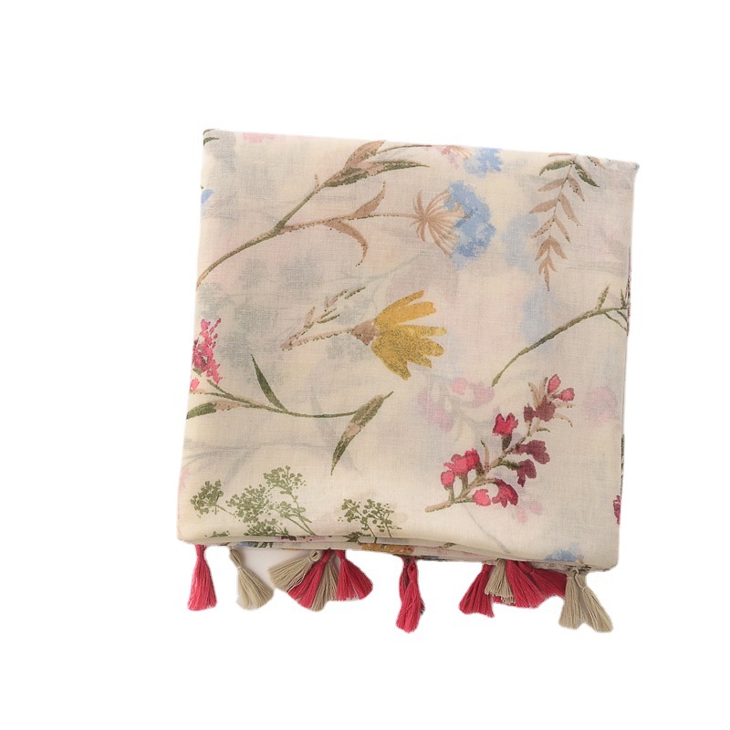 Transfronterizo caliente venta fresca impresa bufanda larga de doble uso chal beige floral algodón y lino de las mujeres sienten la bufanda