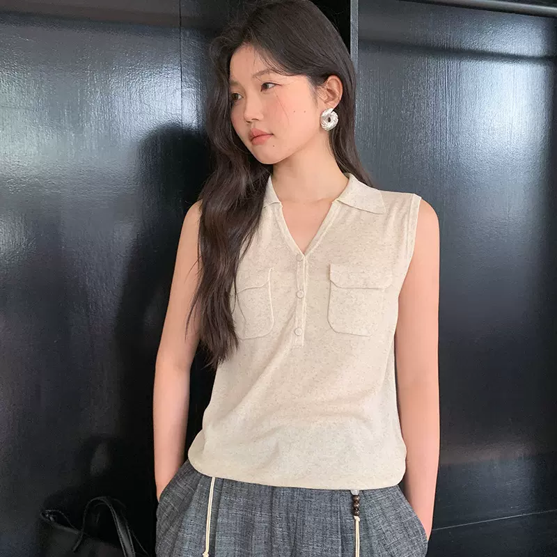 FONE简禾2025夏季新款高智感休闲口袋V领针织背心马甲女外穿88142