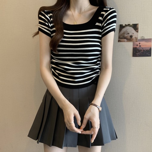 Ribbed knit short-sleeved women's T-shirt 2025 summer loose and slimming design short-sleeve drawstring top square neckline blouse
