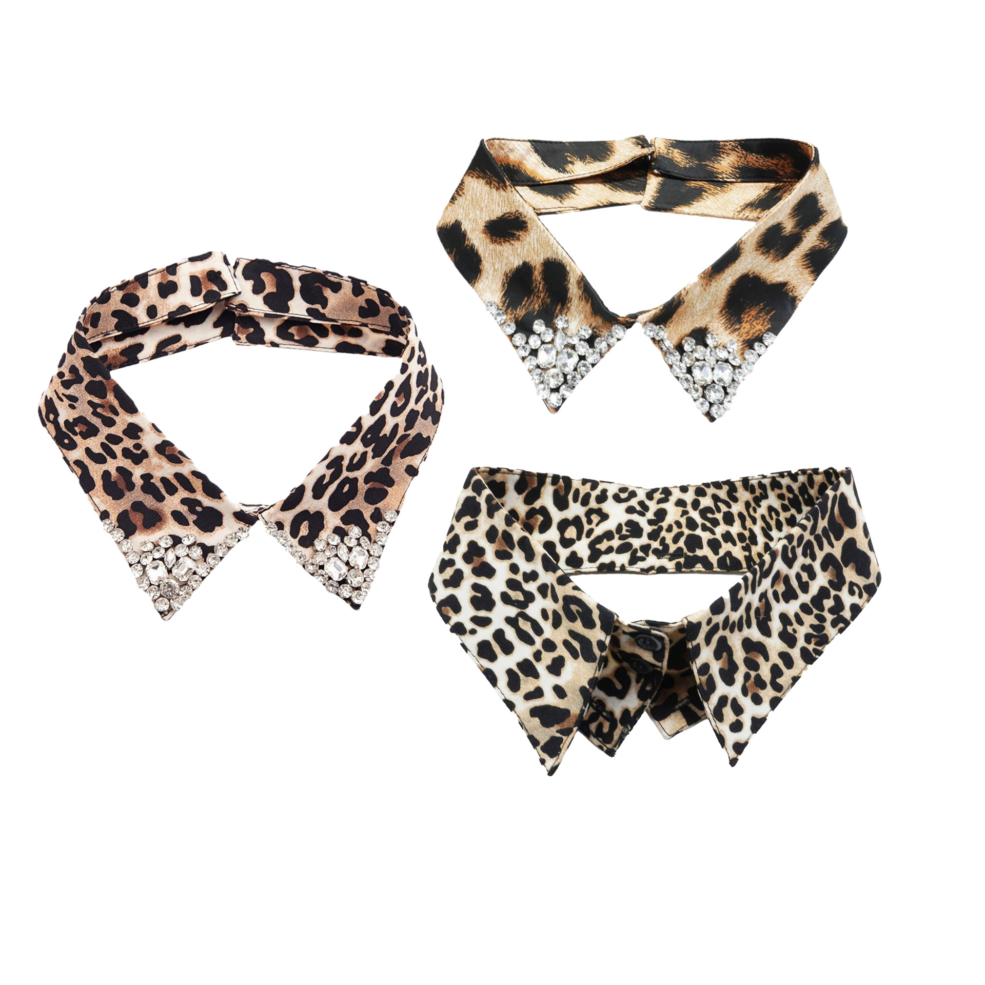 Gola falsa com estampa de leopardo e gola pontiaguda com contas, gola falsa com botão de camada dupla requintada, gola elegante e elegante feminina