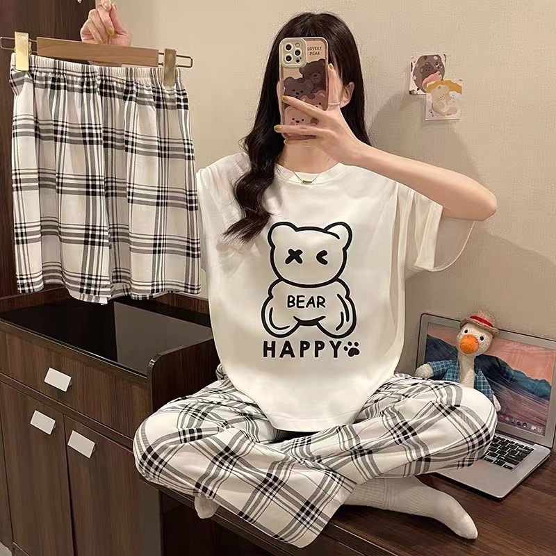 Pijama de verano de mujeres delgado en línea popular estilo coreano estudiantes dulces lindos vestidos para el hogar de mujeres se pueden usar con tres piezas