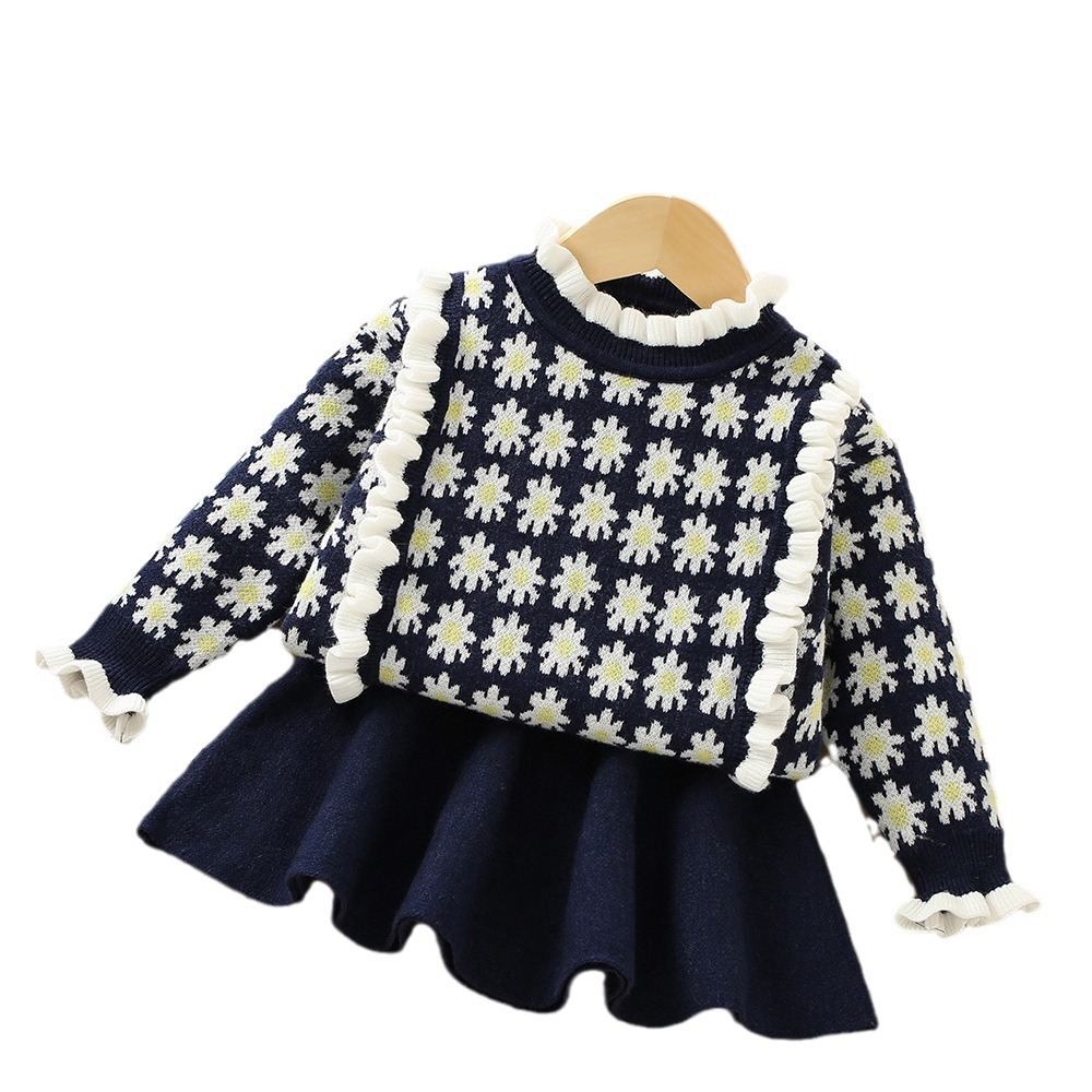Girls' Sweater Set 2023 Autumn/Winter New Western Korean Edition Women's Treasure Flower Ear Edge Long sleeved_voghion.com