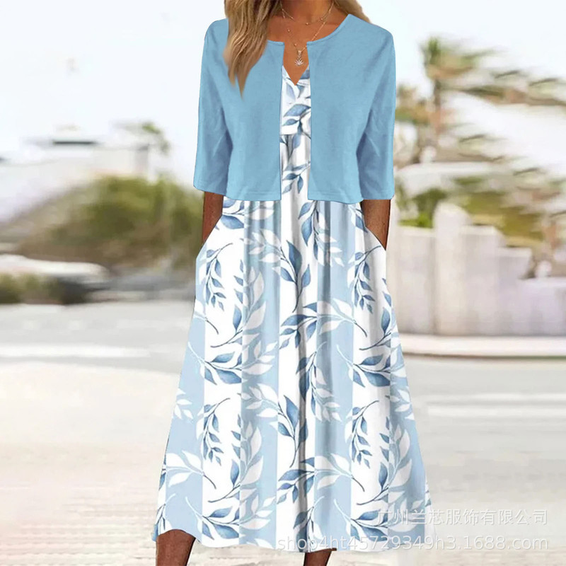 European and American Cross-Border Ethnic Style Elegant Floral Print Vest Dress Paired with a Mid-Sleeve Cardigan Two-Piece Set European and American Cross-Border Ethnic Style Elegant Floral Print Vest Dress Paired with a Mid-Sleeve Cardigan Two-Piece Set