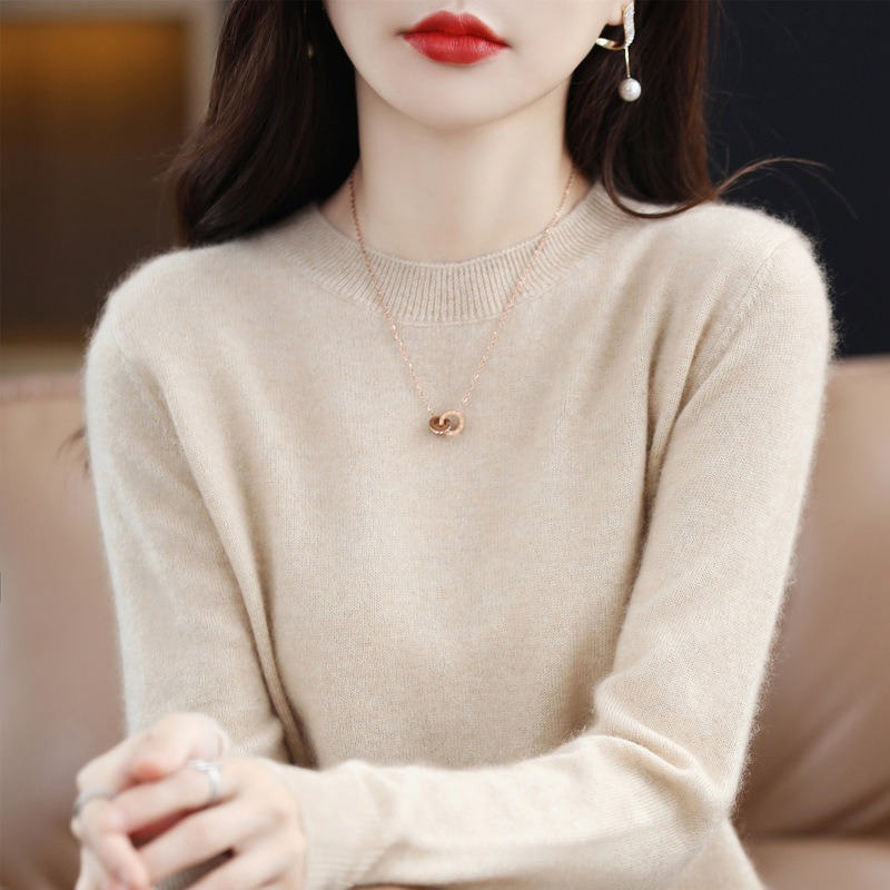 Nuevo otoño temprano cuello redondo 100 suéter de lana de las mujeres de moda simple flojo adelgazar punto manga larga que basa la camisa suéter de las mujeres