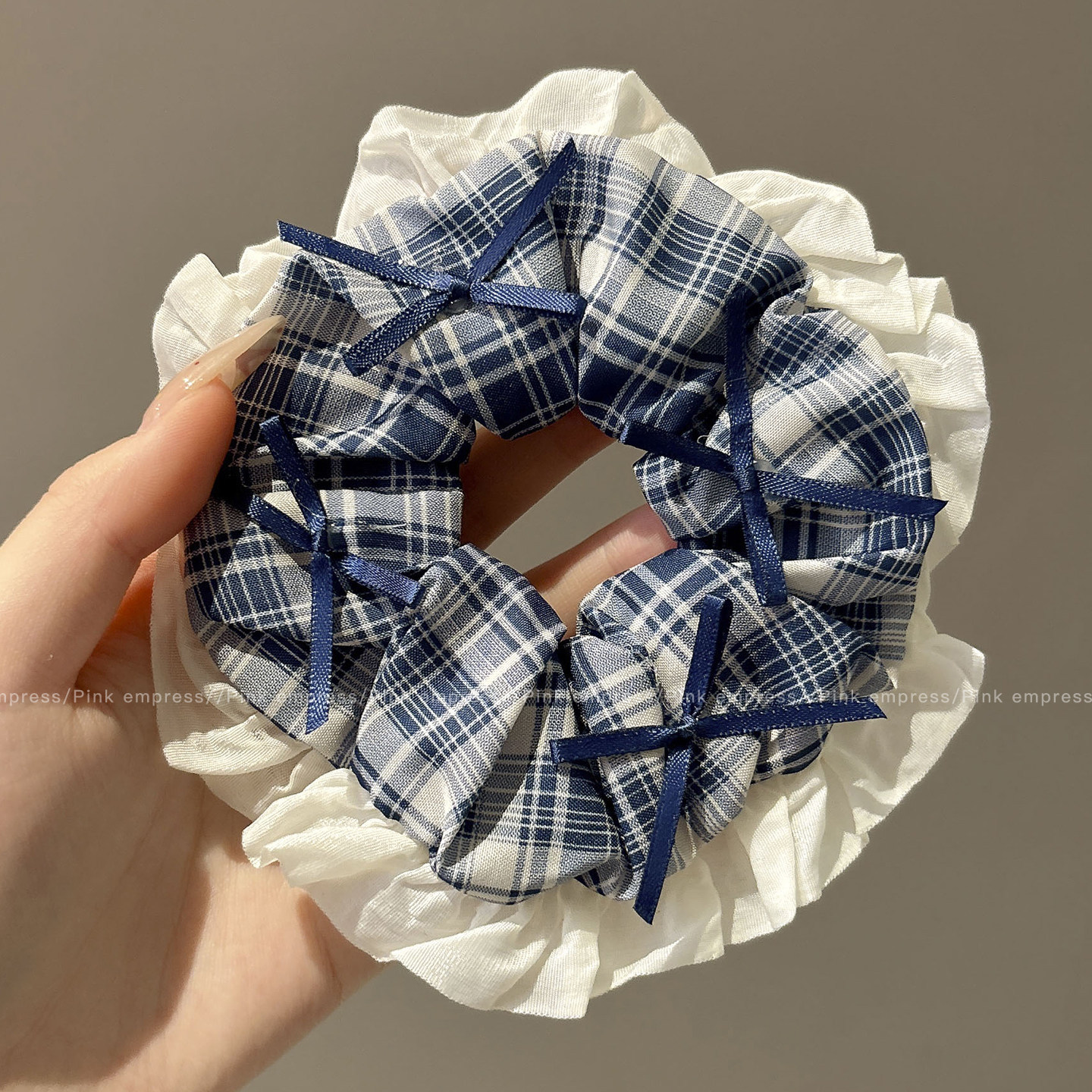 1# 네이비 블루 체크 무늬 리본 화이트 레이스 [약 13cm]
