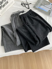 小个子慵懒显瘦深灰色毛呢弯刀裤女宽松休闲百搭九分奶奶裤秋冬