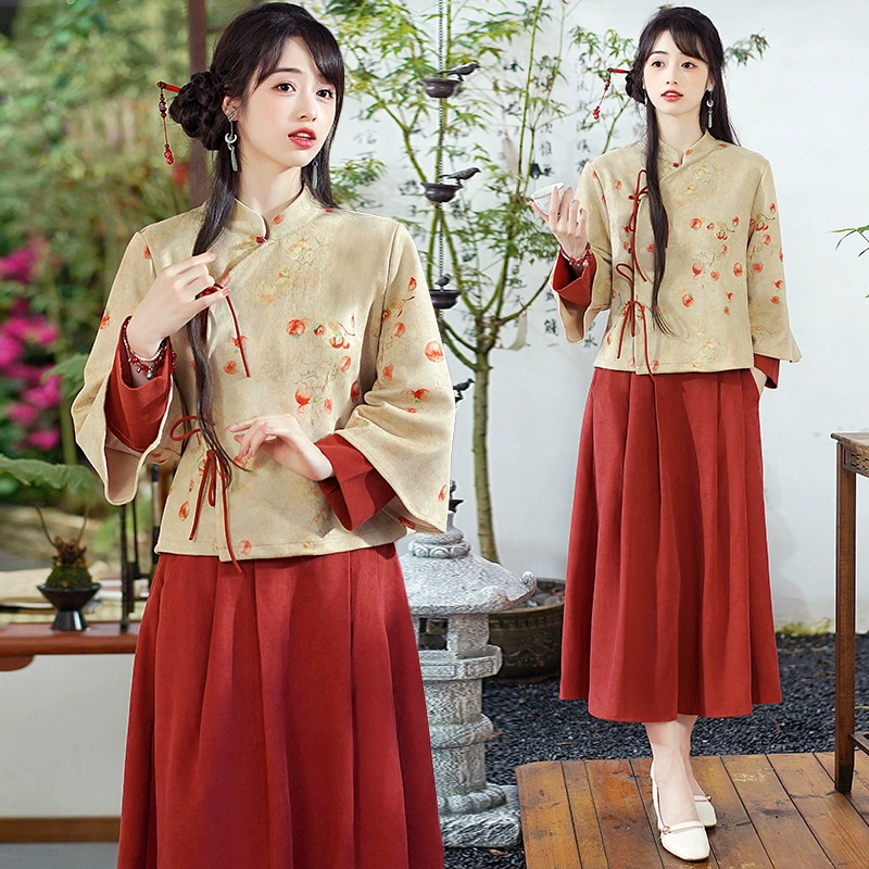 Новинка: комплект из улучшенного этнического топа с длинным рукавом и юбки в китайском национальном стиле с воротником-стойкой и завязками, с принтом для девочек.