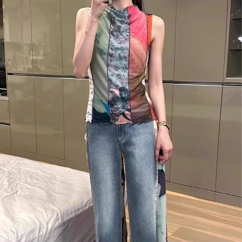 撞色网纱拼接背心T恤女夏季设计感辣妹修身显瘦无袖上衣|undefined
