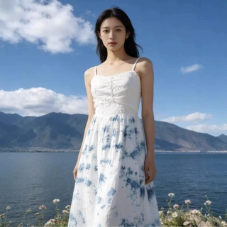新款云南蓝白扎染吊带连衣裙女夏收腰立体花朵吊带裙海边度假裙