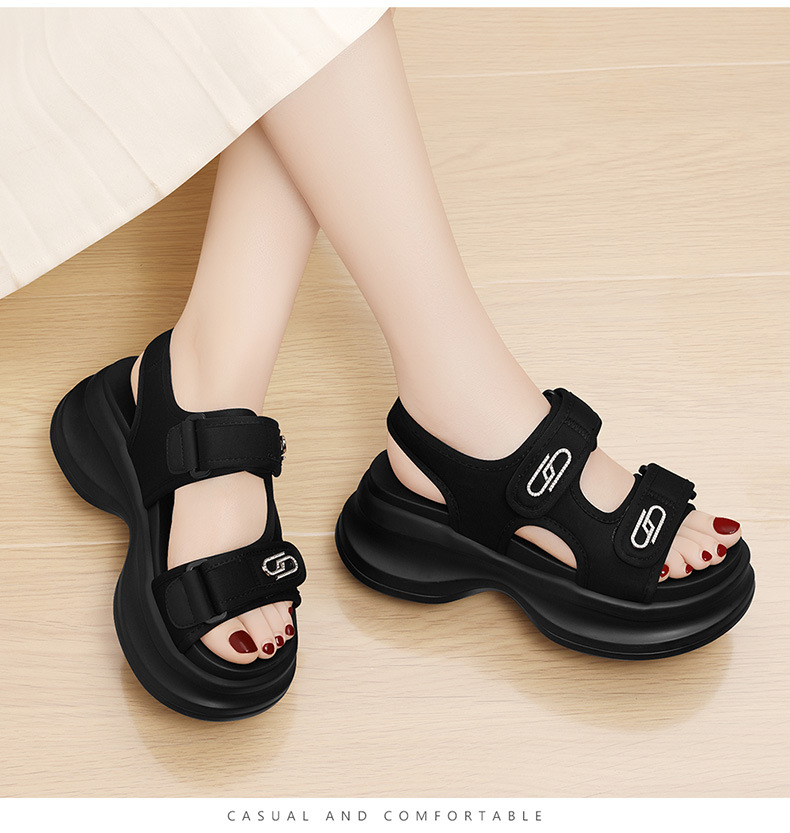 Sandal nữ đế xốp dày buộc Velcro hở mũi phong cách La Mã — Màu be 1982, 1982 màu đen chi tiết 8
