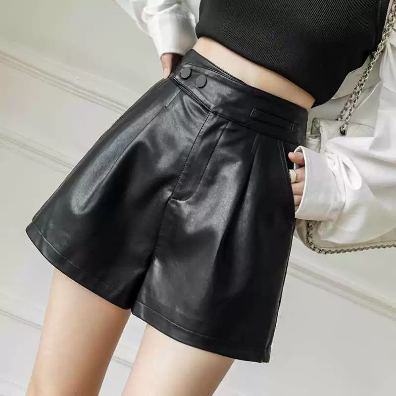 Polyurethane demi-season leggings, shorts for leisure, trousers, high waist, A-line, loose fit