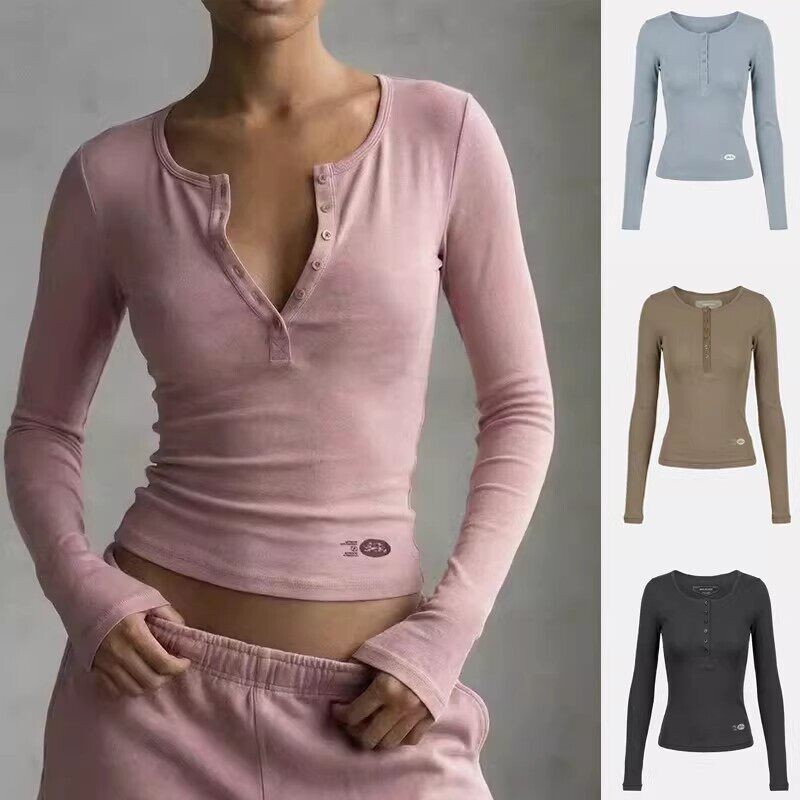 Badblood Bcac Series American-Style Single-Breasted Long-Sleeved T-Shirt for Women, Slim-Fit Button-Down Top with Letter Print Badblood Bcac Series American-Style Single-Breasted Long-Sleeved T-Shirt for Women, Slim-Fit Button-Down Top with Letter Print