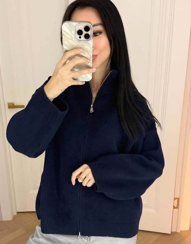 外贸韩版立领双拉链针织开衫女秋冬新款简约风宽松软糯毛衣外套潮|undefined