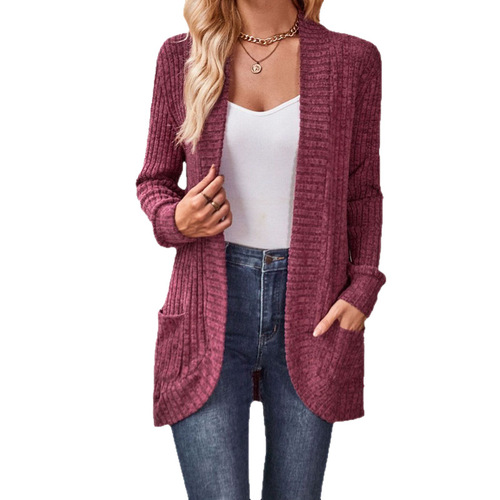 Long-sleeved cardigan coat—Amazon 2025 spring/autumn new solid-color ribbed brushed-mesh spliced long-sleeved coat wholesale