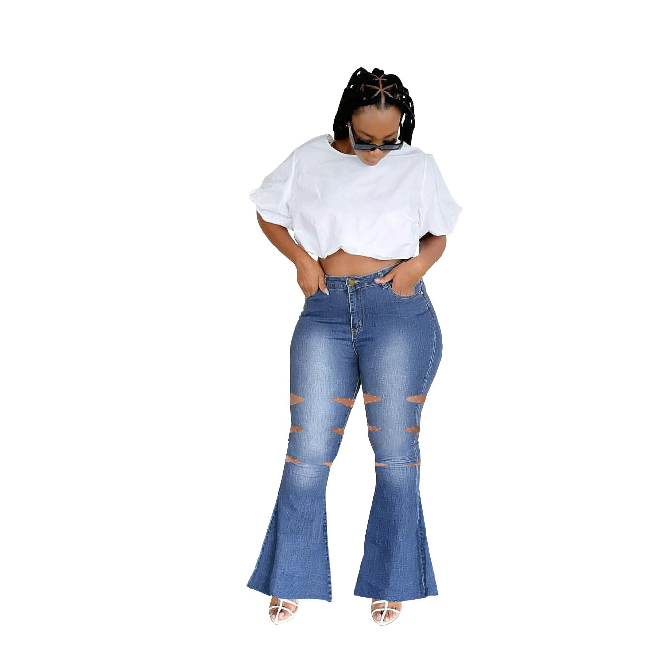 Plus Size Low Stretch Ripped Bootcut Jeans NSWL110972