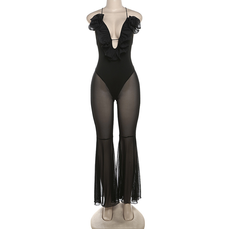 Spring Summer Sexy Sexy Mesh Stitching See Through Design Horn Jumpsuit Women
