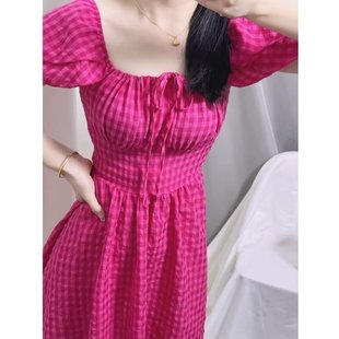 French-Style Sweet Design Plaid Small Flutter Sleeve Spaghetti Strap Dress for Women, Summer Waist-Cinching Slimming Pure Desire Style Young Girl Dress
