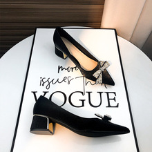 33915-81A  黑色气质百搭尖头粗跟单鞋女蝴蝶结少女高跟鞋职业水