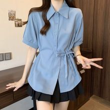 2025夏季法式中长款收腰雪纺短袖衬衫胖mm显瘦遮肚藏肉上衣半袖