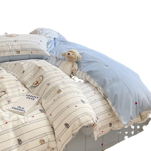  New Style Linen Four-Piece Set with Small Floral Patterns, Pure Cotton, Bed Sheet and Duvet Cover, Bed Skirt, Student Dormitory Three-Piece Set