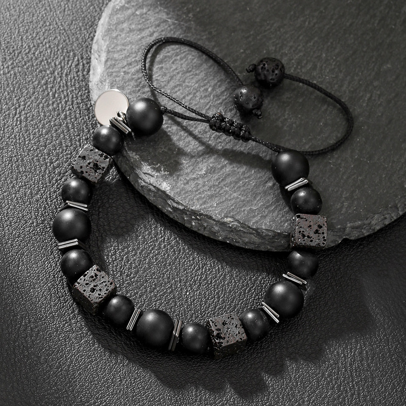 Cross-Border New Style Lava Cube Volcanic Stone Woven Bracelet for Men with Matte Black Glass Beads Adjustable Bracelet
