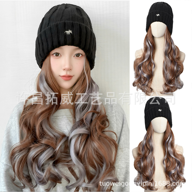 Hat Wig One-piece Women's Long Hair Big Wave Small Fox Knitted Hat Autumn and Winter Stacky Wool Hat Full Head Cover