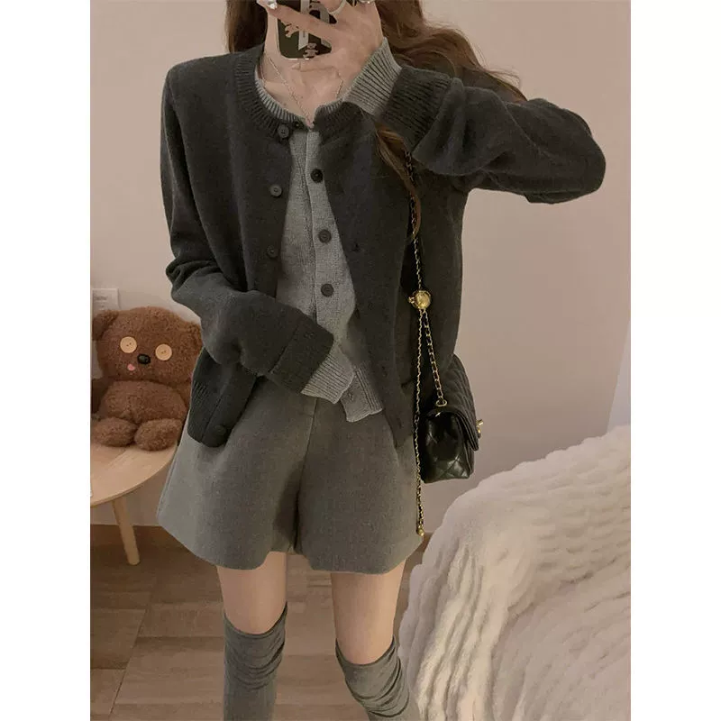 Свитер, осенний набор с круглыми воротом, кардиган, премиум-класс,Slim fit