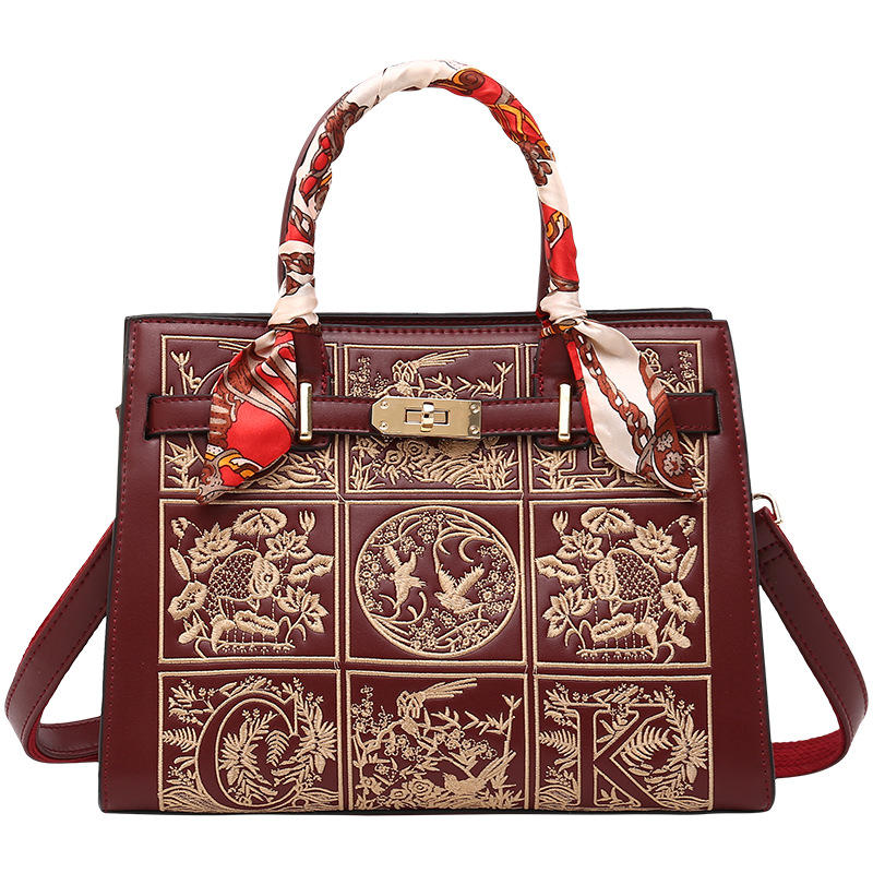 Bolso bordado estilo chino bolso de la mujer de gran capacidad bolso de la madre elegante bordado estilo étnico bolso de la boda Rojo