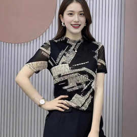扎染上衣女2025春夏新款上档次短袖打底衫女洋气小衫印花女士t恤
