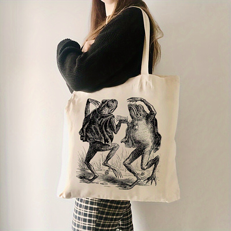 90's Vintage Pattern Dancing Frog Print Canvas Tote Bag Portable Fashion Grocery Shoulder Bag Shopping Bag