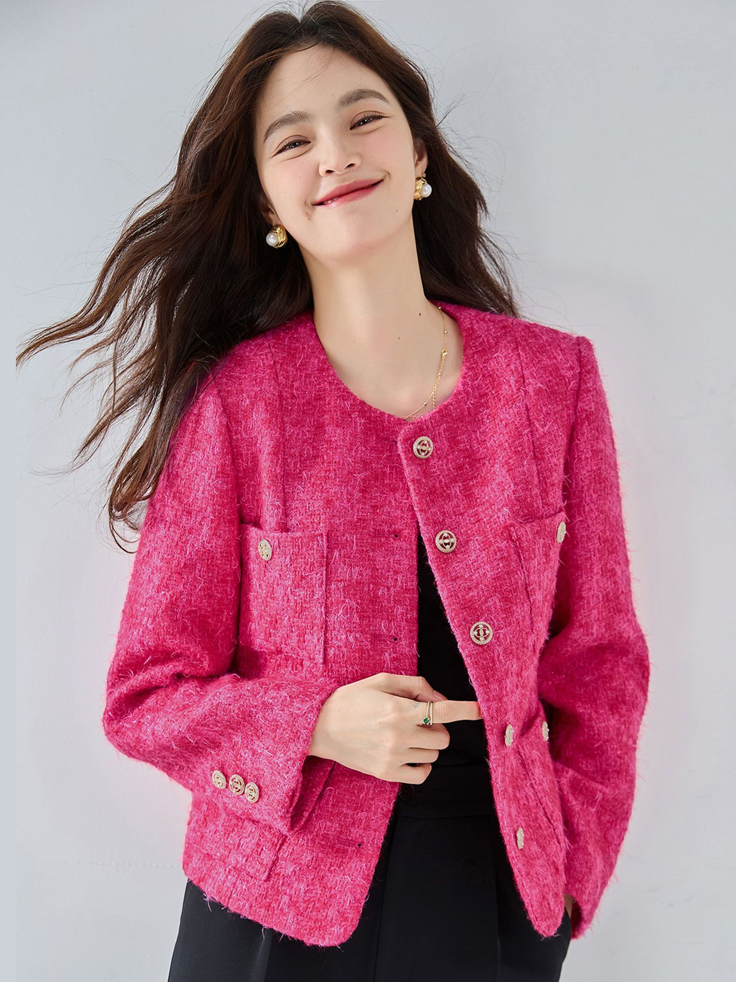 Chaqueta Corta de Estilo Elegante para Mujer de Poliéster con Cuello Redondo