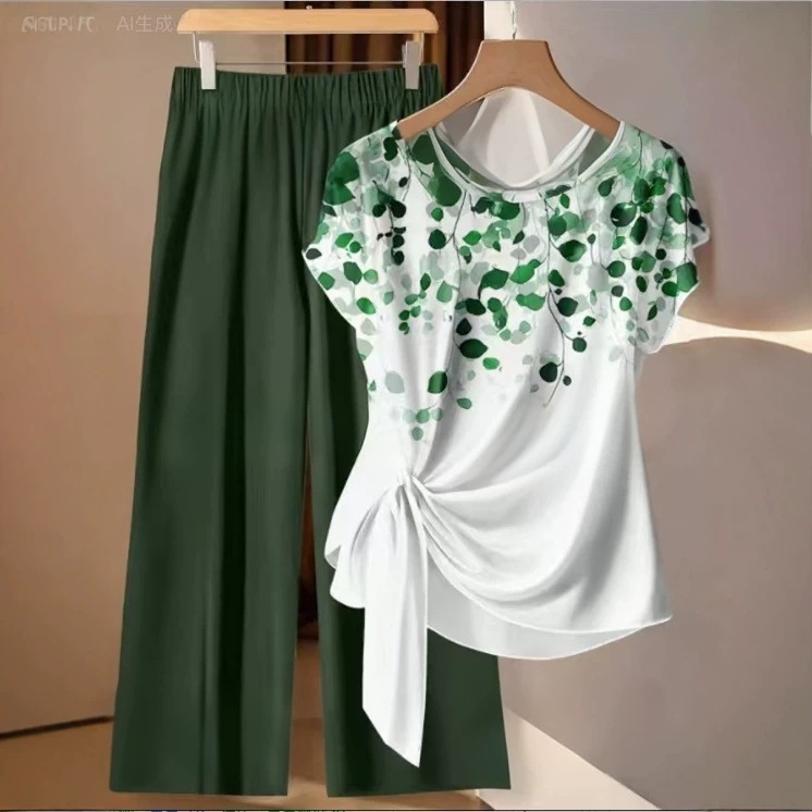 Floral Print Plus Size Women's Short Sleeve Outfit - Loose Fit Wide Leg Pants Set For Summer, Comfortable And Flattering For Curvy Figures_ecoleips.com