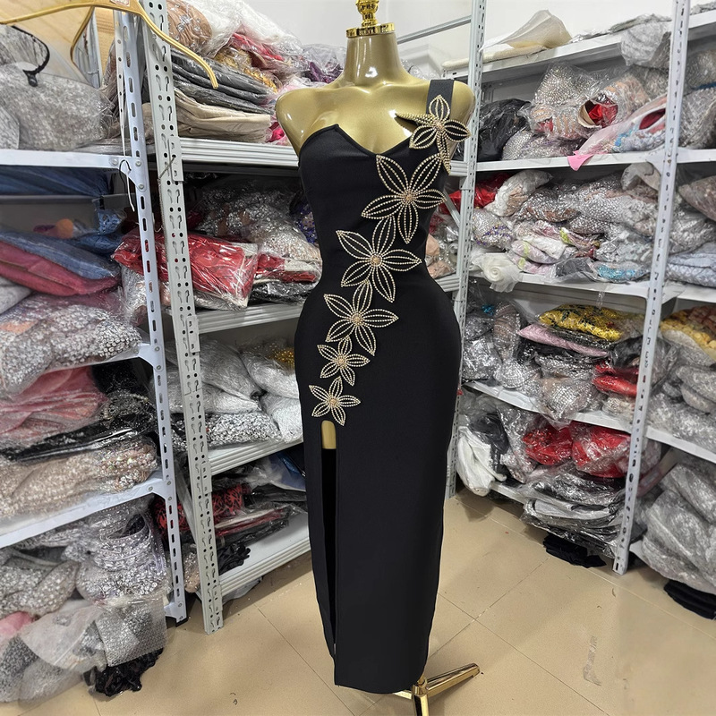 Black Fashion Sleeveless Backless Single Shoulder Five-pointed Star Diamond-decorated Slim-fit Split Long Hip dress Gown
