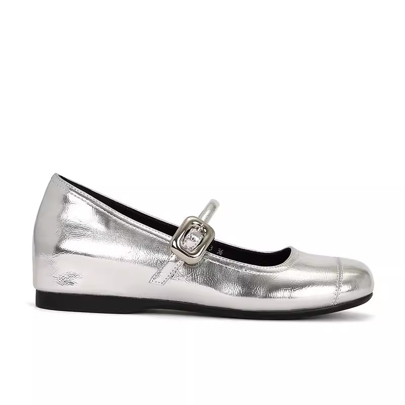 Versión de piel de oveja ~ Zapatos Mary Jane franceses que aumentan la altura, estilo igual al de Grape Mom, para mujer, zapatos planos de ballet con hebilla cuadrada, zapatos individuales para mujer.