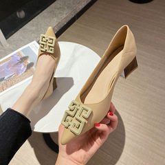 真牛皮女鞋2023夏季新款低幫淺口中跟單鞋女韓版尖頭高跟女鞋粗跟